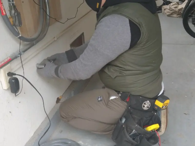 Electrician performing outlet wiring in a Bessemer garage